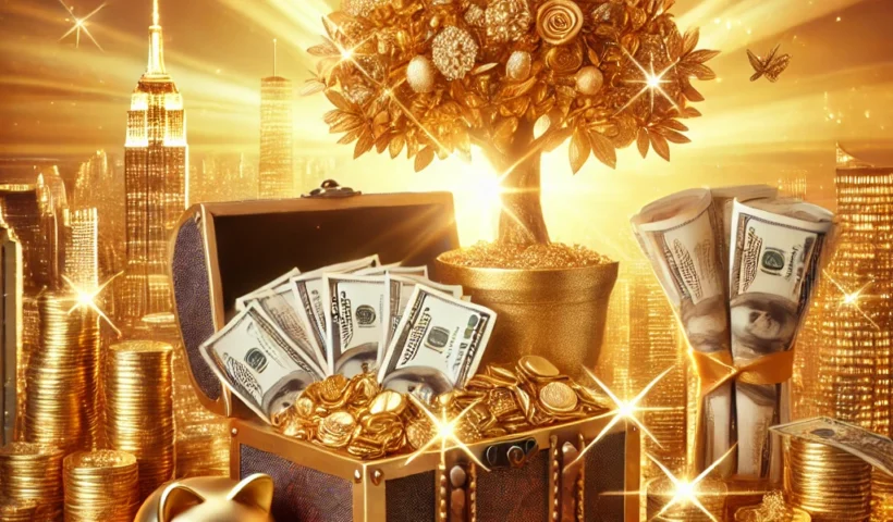 la ciencia del dinero, Una escena vibrante que simboliza el dinero, la prosperidad y la abundancia, con pilas de billetes, cofres llenos de monedas de oro, joyas brillantes y un árbol resplandeciente con hojas doradas y billetes. Al fondo, un horizonte urbano lujoso bajo un atardecer dorado, irradiando éxito y riqueza financiera