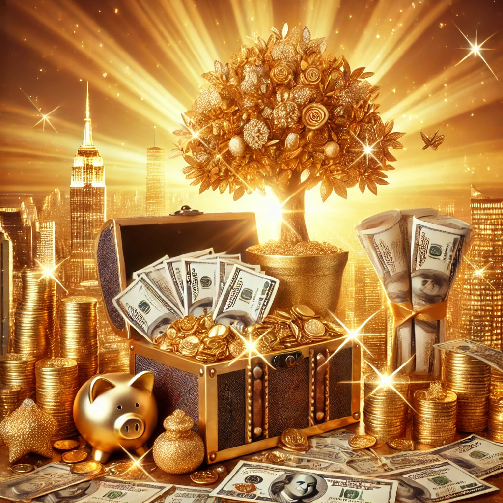 la ciencia del dinero, Una escena vibrante que simboliza el dinero, la prosperidad y la abundancia, con pilas de billetes, cofres llenos de monedas de oro, joyas brillantes y un árbol resplandeciente con hojas doradas y billetes. Al fondo, un horizonte urbano lujoso bajo un atardecer dorado, irradiando éxito y riqueza financiera