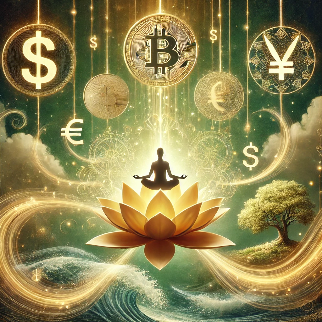 la ciencia del dinero y Una representación holística y espiritual de la energía del dinero. Un aura luminosa rodea símbolos flotantes de monedas (dólar, euro, yen, bitcoin), fusionados con corrientes de luz dorada y ondas de energía. En el centro, una persona medita sobre una flor de loto, irradiando calma y atrayendo abundancia con las palmas abiertas. Elementos naturales como árboles, agua fluyente y mandalas de luz simbolizan la armonía y el flujo. La atmósfera es etérea y serena, con tonos dorados y verdes que evocan prosperidad, equilibrio y abundancia universal.