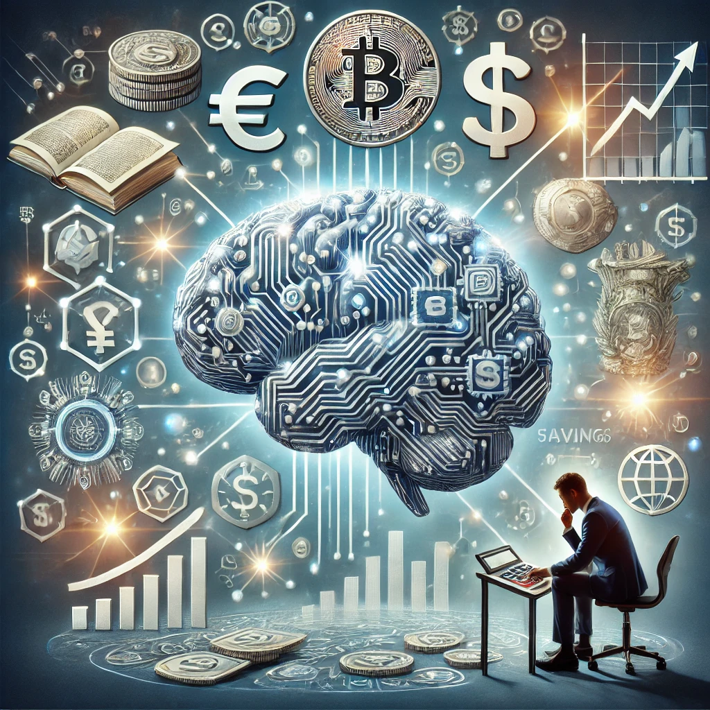 Una imagen conceptual de inteligencia financiera y la ciencia del dinero que muestra un cerebro humano conectado con circuitos digitales y símbolos de monedas como el dólar, el euro y el bitcoin. Alrededor hay libros, calculadoras y gráficos que representan el conocimiento, la estrategia y la planificación financiera. Una persona con vestimenta profesional analiza gráficos con confianza, rodeada de íconos brillantes de inversión, ahorro y crecimiento. Los tonos fríos como el azul y plateado transmiten lógica, tecnología y pensamiento claro.